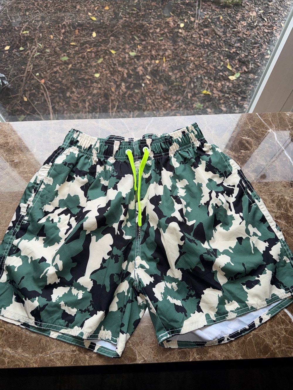 Green Camouflage Men's Swim Trunks with Neon Yellow Drawstring